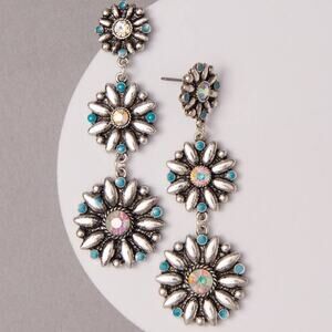 Western Floral Concho Linear Earrings Iridescent Crystal 2.75 Inch Drop